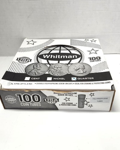 Box of 100 Whitman coin storage tubes in original box - quarter size.