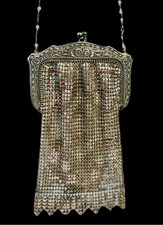 Antique Whiting  Davis Engraved Silver-Tone Enamel Mesh Flapper Bag 1920s