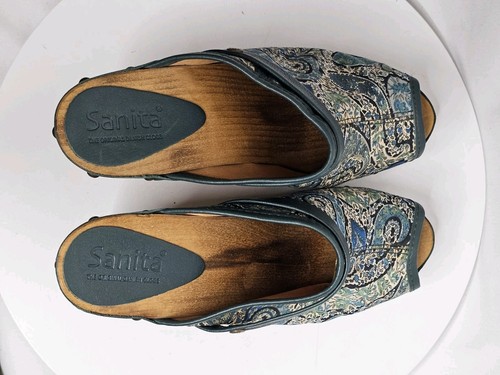 Sanita Clog Mules Womens 38 US 6.5/7 Blue Paisley Wooden Platform Block Heel - Picture 4 of 7