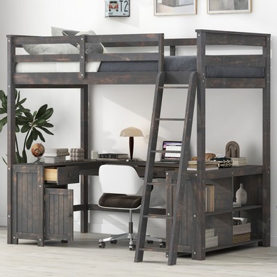 Loft Bed with U Shaped Desk Storage Drawers and Shelves Antique Brown