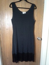 Vtg Together Wm's 1990's Black V-Neck Midi Fringe Dress Size Lg Lined Excellent 