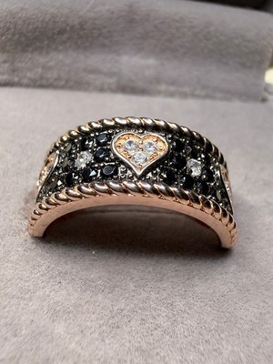 Sterling Silber 925 Ring bicolor Rotgold Herz schwarze Natursteine Gr. 6,5