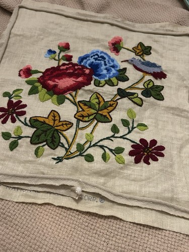 Vintage Hand Crafted Floral & Hummingbird Embroidery Panel Paragon Print 15”x15” - Picture 2 of 11
