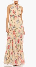 Ieena for Mac Duggal Cream Floral Tiered Maxi Dress Size 6 Sleeveless Beach