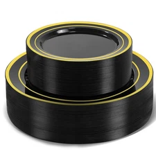 100 PCS Black and Gold Plastic Plates, Disposable Party Black Plates Include ...