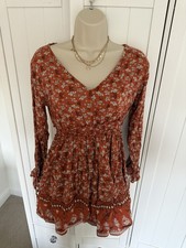 Rebellion London Women’s Rust Floral V-Neck Smock Mini Dress XS Long Sleeve