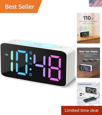 Stylish 110dB Extra Loud Dual Alarm Clock - Colorful RGB Display & USB Charger
