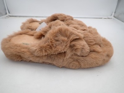COFACE Women's Fluff Slippers Open Toe  Faux Fur Crossband size 8.5 & 9 Brown