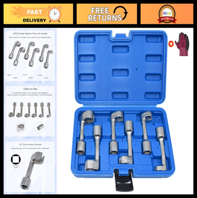6pc Diesel Fuel Line Socket Wrench Set, L-Type 1/2'' Dr, 12pt Removal Tool, 12-19