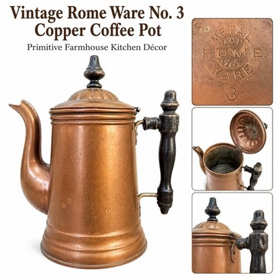 Vintage Metal Rome Ware No 3 Copper Coffee Pot Tea Kettle Wood Handle