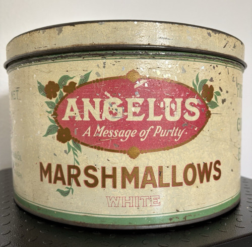Vintage Angelus A Message Of Purity Marshmallows White Large 5Lbs. Tin Container