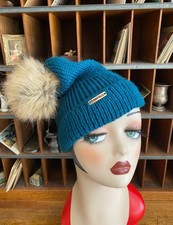 Rampage Beanie Teal Blue Fur Pom Pom Winter Hiking Travel Ski Knit Hat O/S New