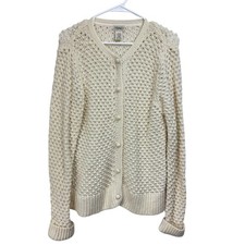 LL Bean Size Large Ivory Open Knit Cardigan Sweater Wool Angora Textured