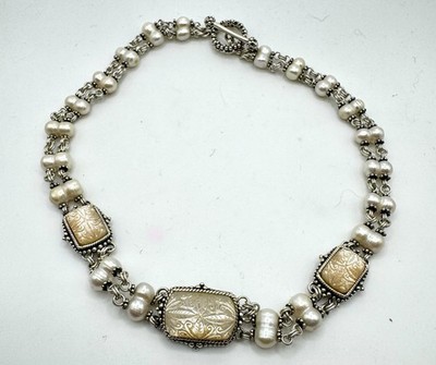 Vintage Stephen Dweck Mother Of Pearl ,Carved Freshwater Pearl Sterling Necklace