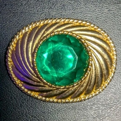Ungaro Gold Tone Oval Brooch with Green Cabochons Center, Signed 
