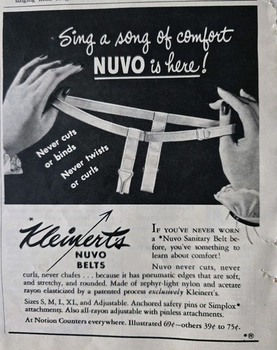 1948 Women's Kleinert's Nuvo Sanitary Belts Feminine Hygiene Comfort vintage ad