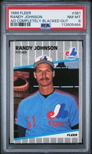 1989 FLEER #381 RANDY JOHNSON RC AD COMPLETELY BLACKED OUT PSA 8 NM Mint ERROR