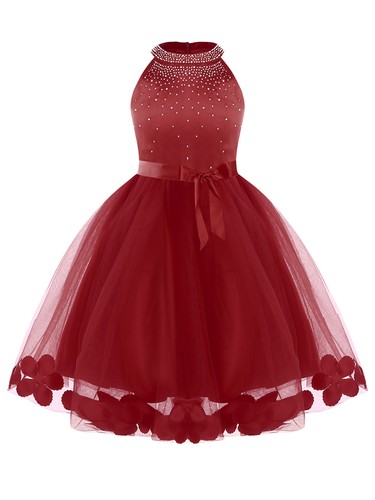 Girls Tulle Dress Wedding Princess Dress Faux Diamonds Flowers Embellished Belt - Picture 30 of 66