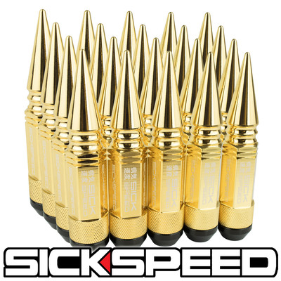 SICKSPEED 20PC 24K GOLD SPIKED ALUMINUM EXTENDED 108MM 3 PC LUG NUTS 12X1.5 N17