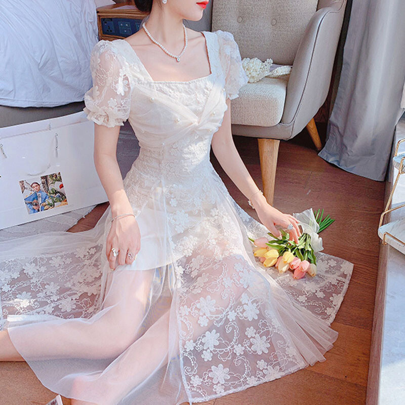 MAYC チュールドレスMesh Fairy lrregular Dresses Women Mesh Long Dress Floral Layered Fairy Princess Bridal