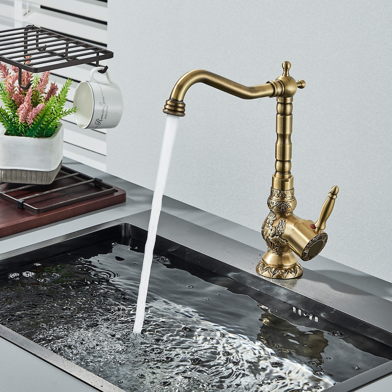 Antique Brass Kitchen Mixer Taps Sink Faucet Single Lever Mono Swivel ...