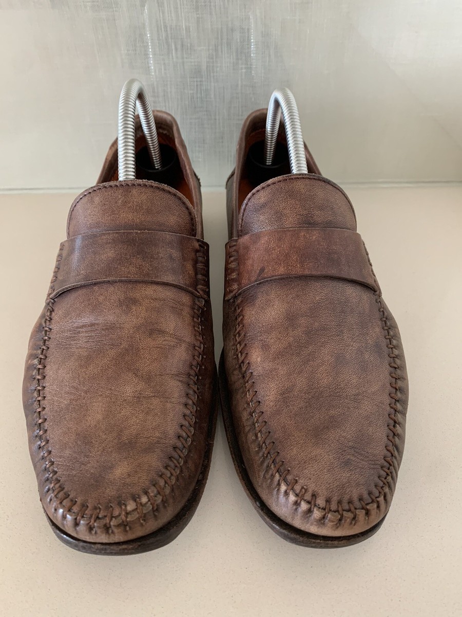 Santoni Men Brown Leather Slip On Penny Loafer Shoes MADE IN 