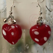 Jody Coyote Earrings Glass Hearts Red with Dangle Crystals Pierced Jewelry - New