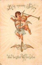 AK Litho. Prägekarte Zum neuen Jahre zwei Engel mit Harfe Postkarte vor 1945