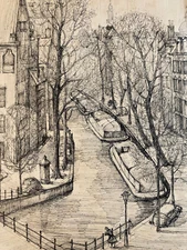 Beautiful 1960 Amsterdam Canal Raamgracht Centrum Frank Hage Artist Ink Drawing