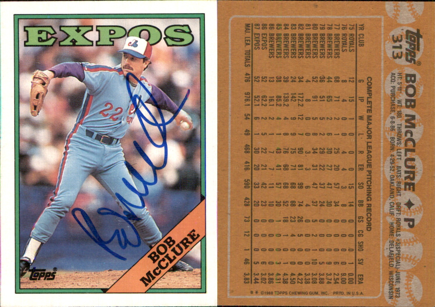 Bob McClure Signed 1988 Topps #313 Card Montreal Expos Auto AU