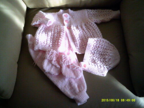 HANDKNITTED PINK  PURE WOOL PANT,JACKET, BONNET AND BOOTEE SET - Picture 1 of 2