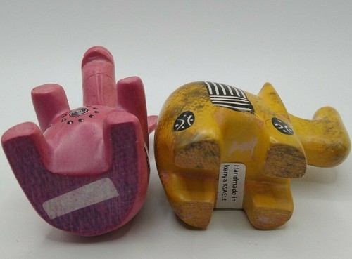 VTG Hand Carved KSaele Soapstone Elephants One Pink One Yellow Figures Kenya G - Picture 4 of 6