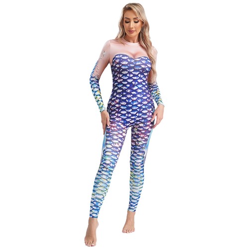 Womens Mermaid Costume Soft Uniform Shiny Jumpsuit Mock Neck Bodysuit Cosplay - Picture 25 of 69