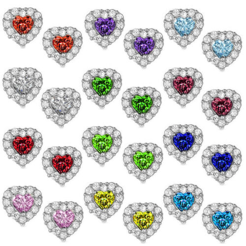 12 Month Birthstone Heart Shape Halo Stud Push Back Earrings 925 Silver  - Picture 1 of 1