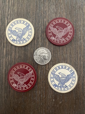 Vintage Spread Eagle Federal Engraved Clay Poker Chips Red and White. Lot Of 4
