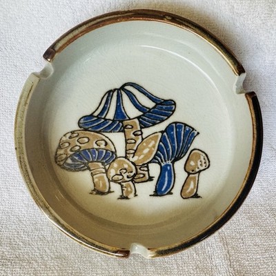 Rare VTG 1970s Mushroom Ashtray Hand-painted Boho Chic CottageCore blue brown