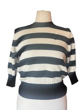 Veronica Beard Striped Knit Sweater Purposeful Distress Black Ivory US Sz Small