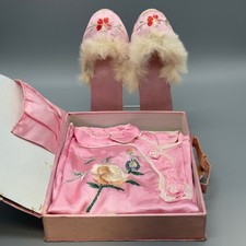 Vintage Boxed Pink Silk Asian Japanese Childs Pajama Set Robe Slippers READ