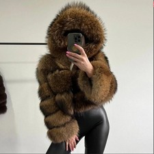 Women Luxury Faux Fur Hood Shaggy Jacket Winter ShortTop Coat Warm Outwear Gifts