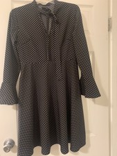 Shein Women's Polka Dot Black Off White Dress V Neck Tie Side Zipper Size S