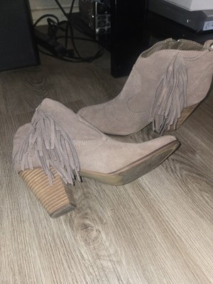 Steve Madden Womens Cian Boot Size 10 Taupe Tan Suede Fringe Block Heel Bootie