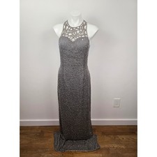 Scala Womens Vintage Silver Grey Beaded Silk Lattice Back Evening Gown Dress L