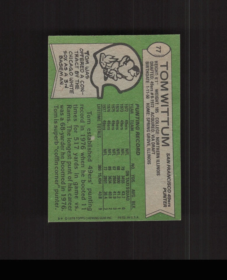 1978 Topps #77 Tom Wittum Football Card San Francisco 49ers - Image 2 of 2