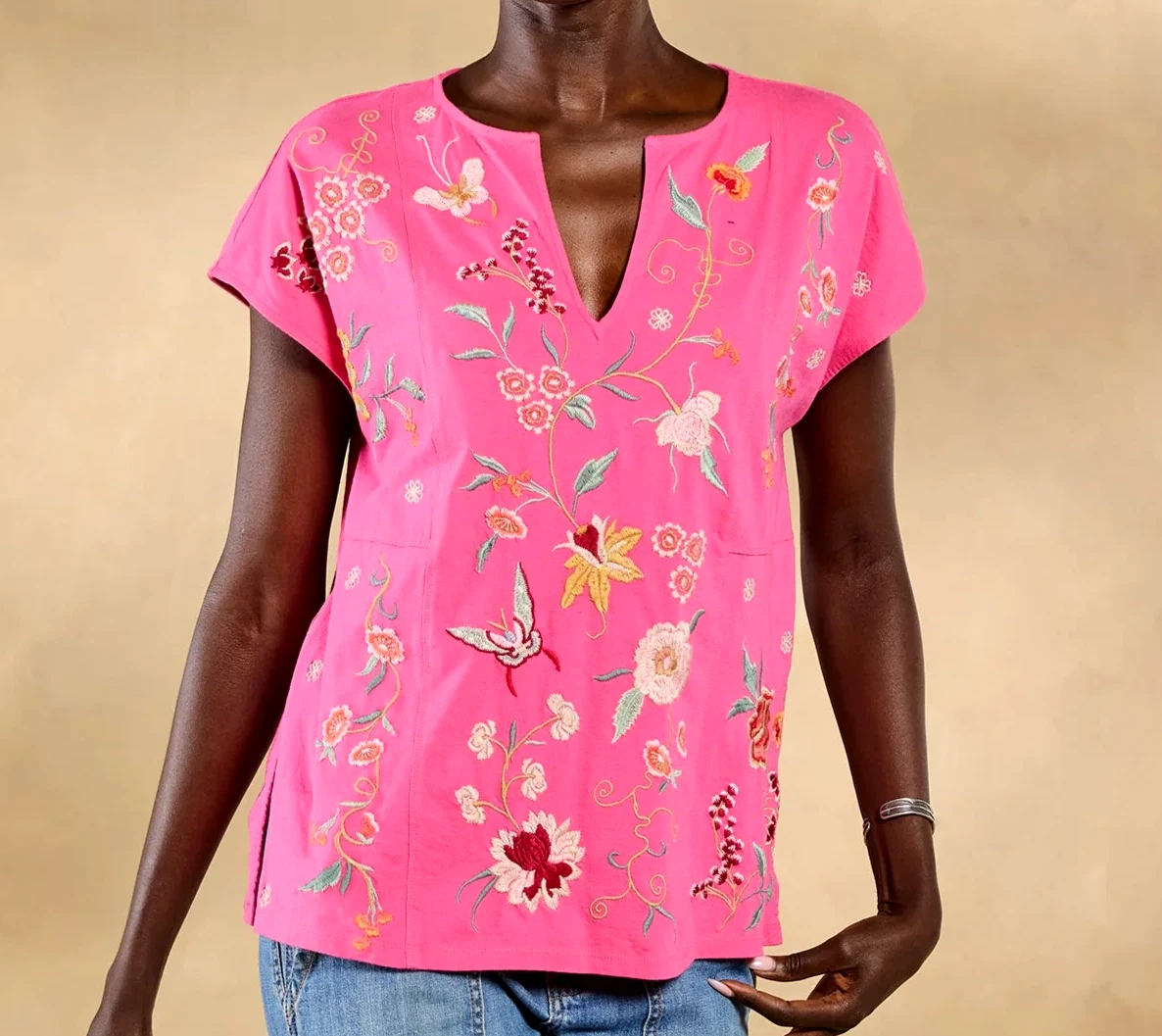NWT JOHNNY WAS SZ PL Petite L SUKI EASY PANELED TEE EMBROIDERED COTTON B48" L24"