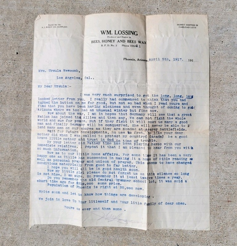 PHOENIX, ARIZONA ~ 1917 ~ BEE KEEPER LETTER ~ WWI LETTER TO DAUGHTER ~ ORIGINAL