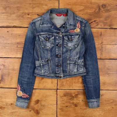 Guess Jeansjacke S Damen 00s blau Jeans Trucker bestickt Stretch Y2k