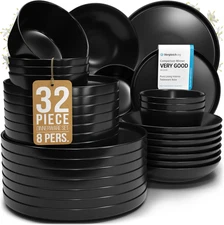 Stoneware Dinnerware Set 8 Persons 32 Pcs – Matte Black Style Plates and Bowls S