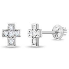 14k White Gold Clear Cubic Zirconia Little Cross Screw Back Earrings for Girls