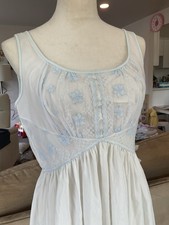   Vintage 1960s Shadowline White Nylon Nightgown with Blue Floral Embroidery