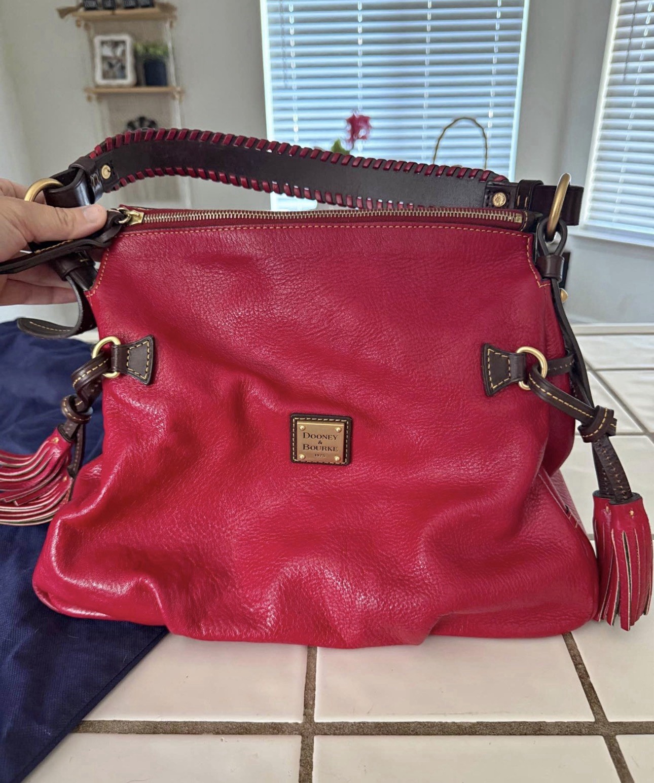 Dooney & Bourke Red Pebbled Zip Shoulder Bag Tassel Gold Hardware w/ Strap